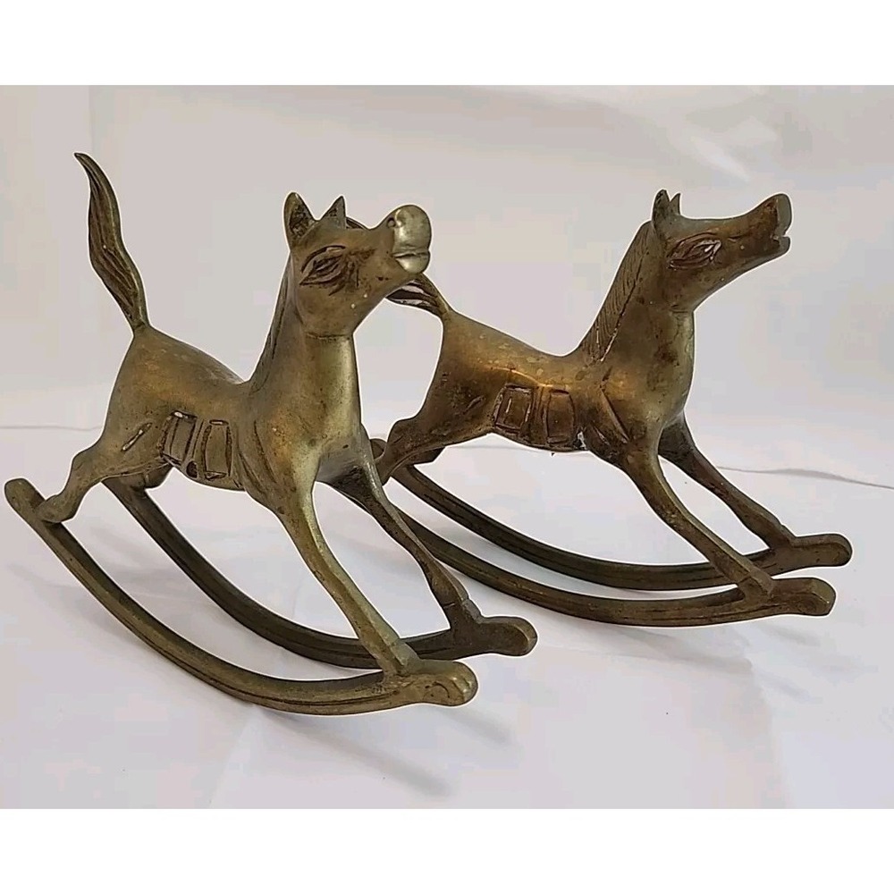 Vintage Pair‎ Of Solid Brass Rocking Horse Figurines Paperweight Made In India